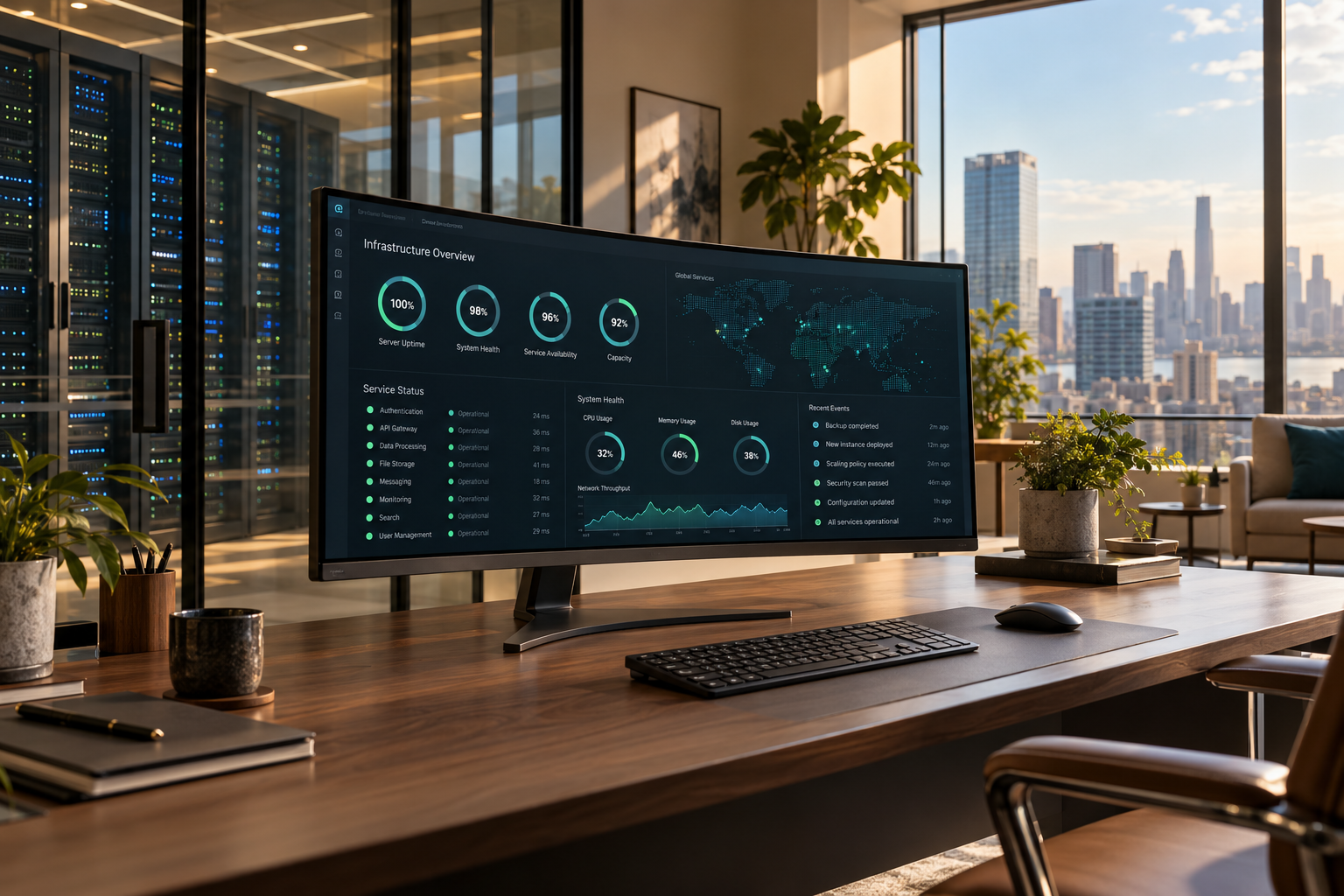Modern IT workspace with a curved monitor, walnut desk and glass server room
